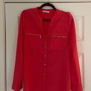 Calvin Klein Red Long Sleeve Mandarin Collar Blouse